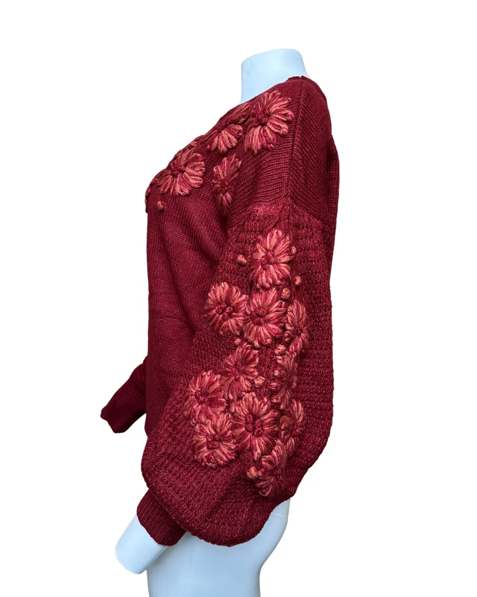 Hand Embroidered Flower Detail Knit Sweater in Crimson