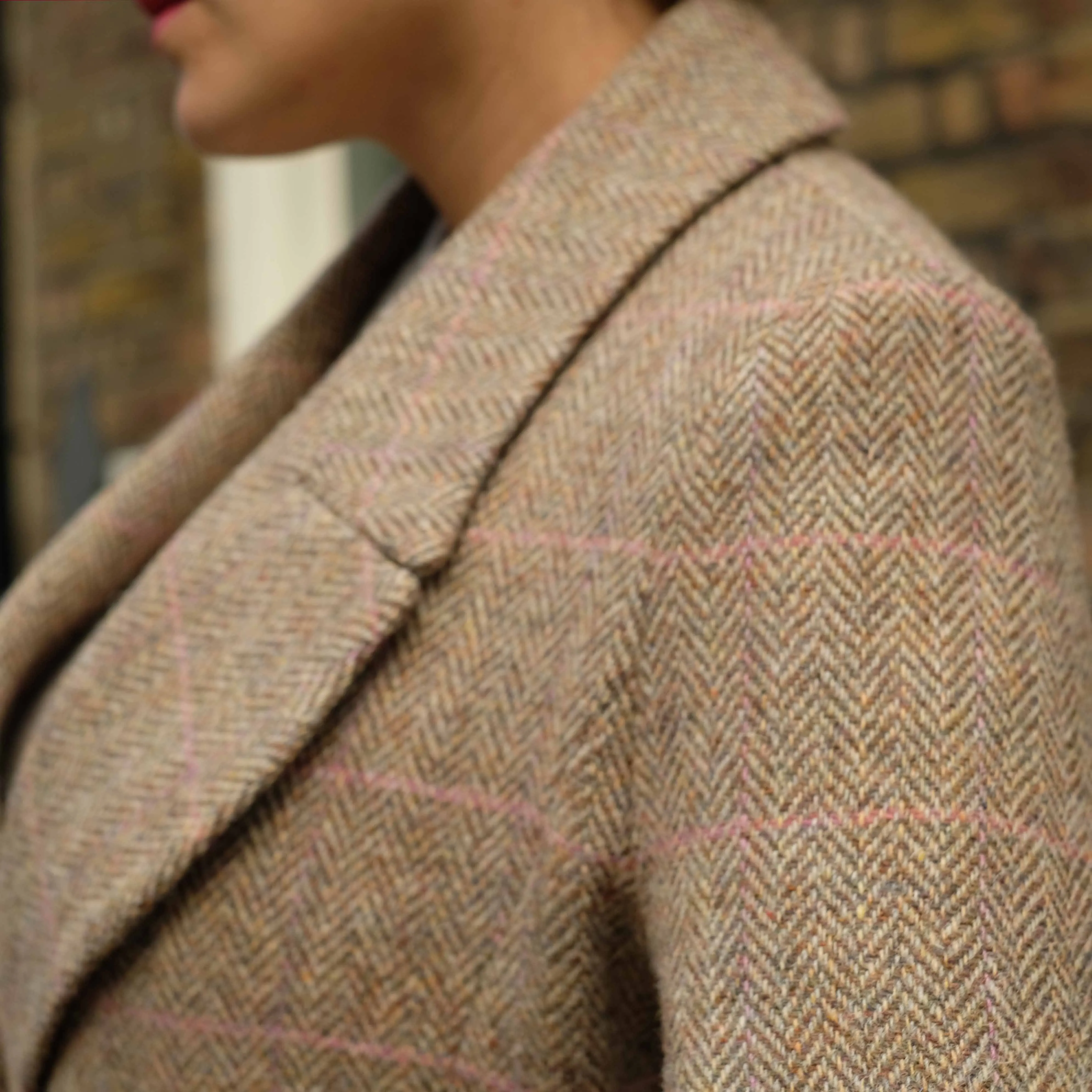 Harris Tweed Coat in Beige Herringbone