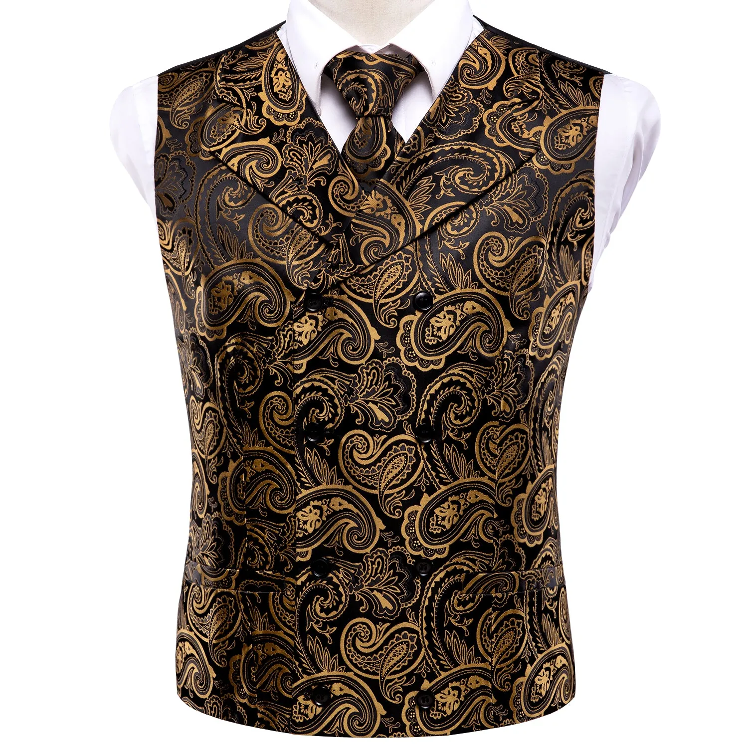 Hi-Tie Black Brown Paisley Silk Men's Vest Hanky Cufflinks Tie Set