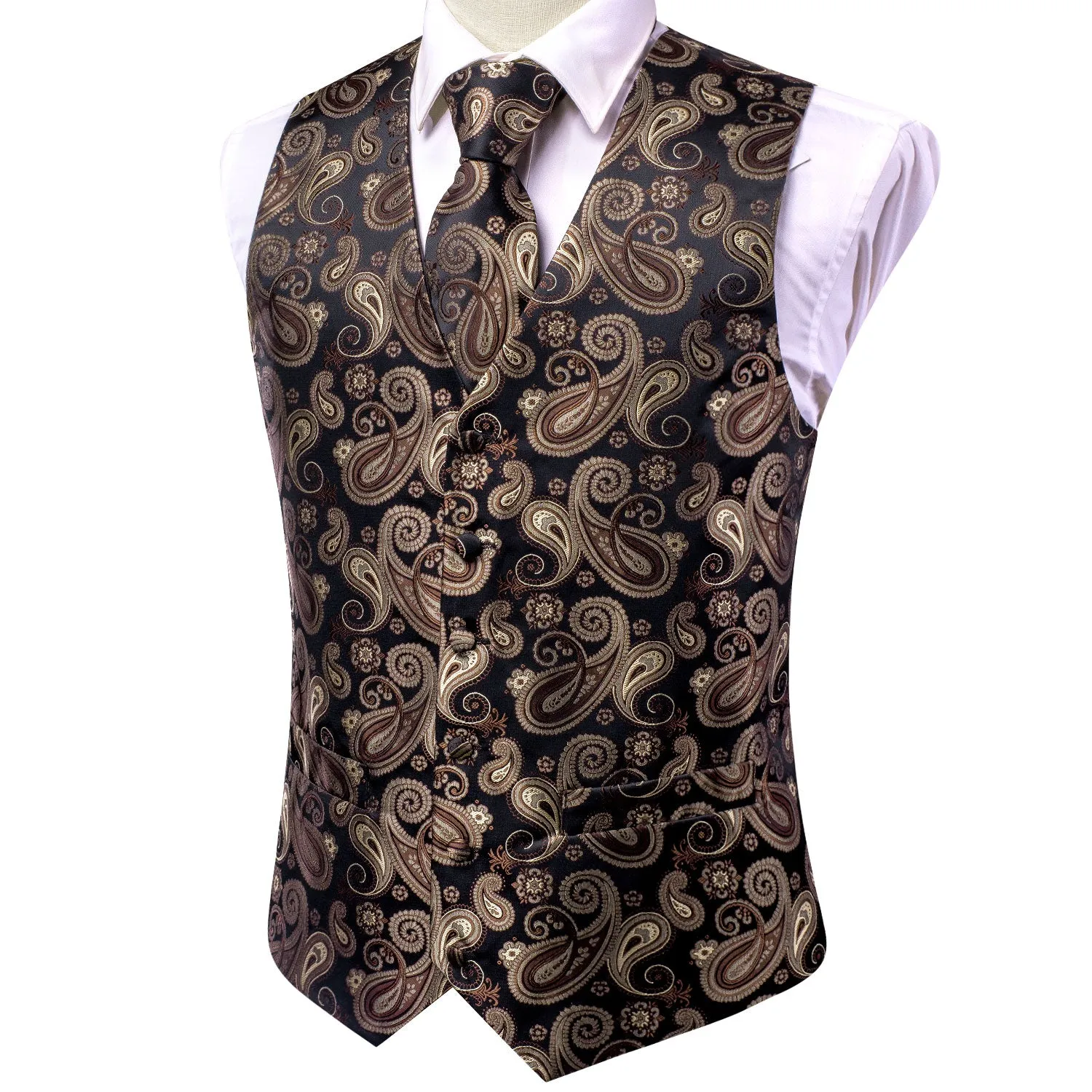 Hi-Tie Black Brown Paisley Silk Men's Vest Tie Set Waistcoat Suit Set