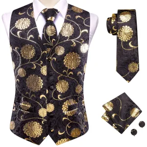 Hi-Tie Black Gold Floral Men's Vest Necktie Hanky Cufflinks Tie Set