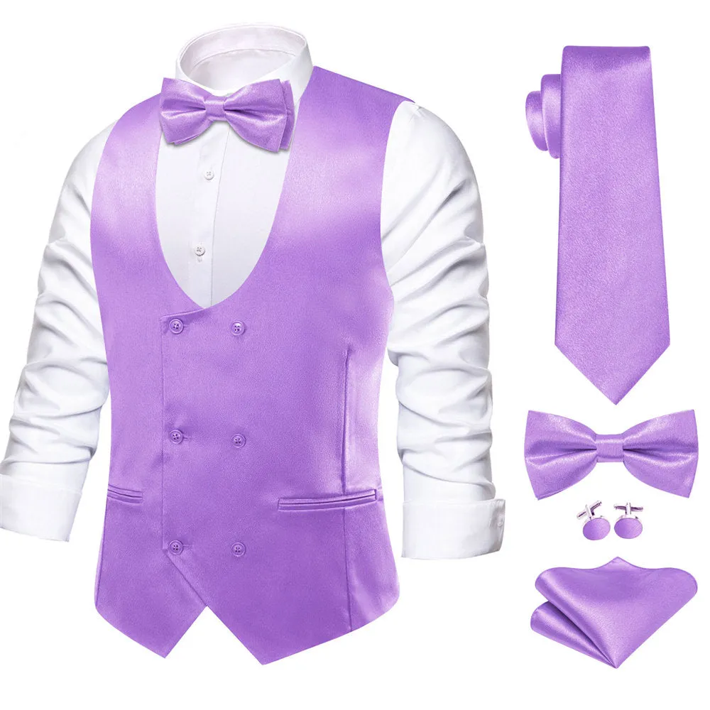 Hi-Tie Bright Ube Purple Solid U-Neck Double-Breasted Vest Set