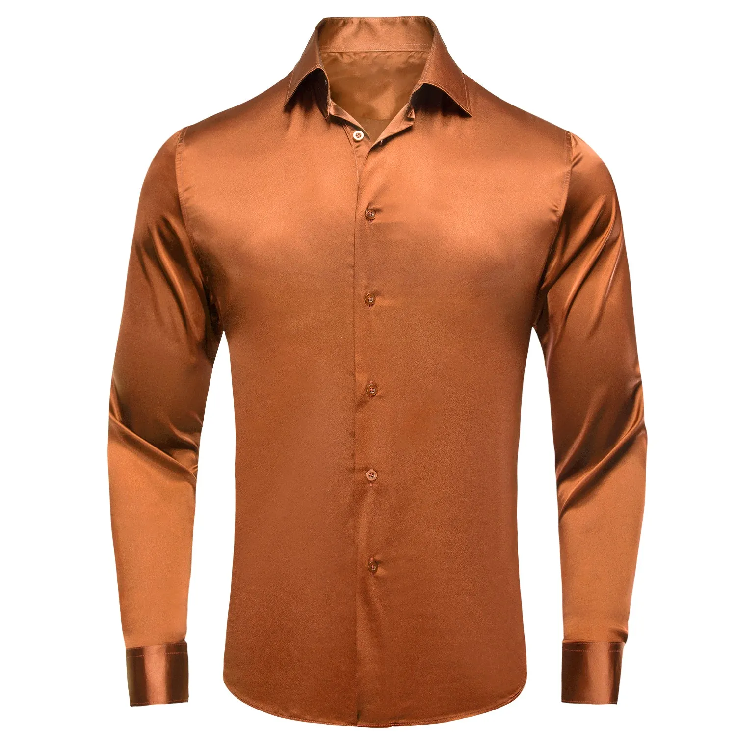 Hi-Tie Burnt Orange Brown Solid Satin Men's Long Sleeve Dress Shirt