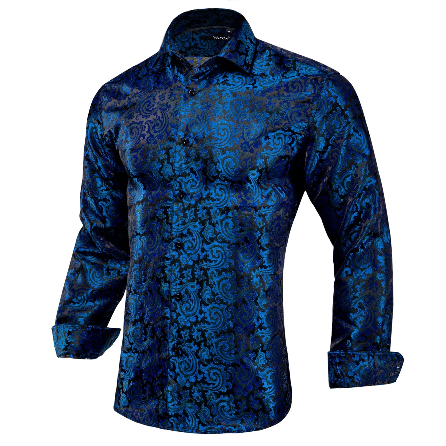 Hi-Tie Dark Blue Wedding Men's Top Black Paisley Button Down Shirt