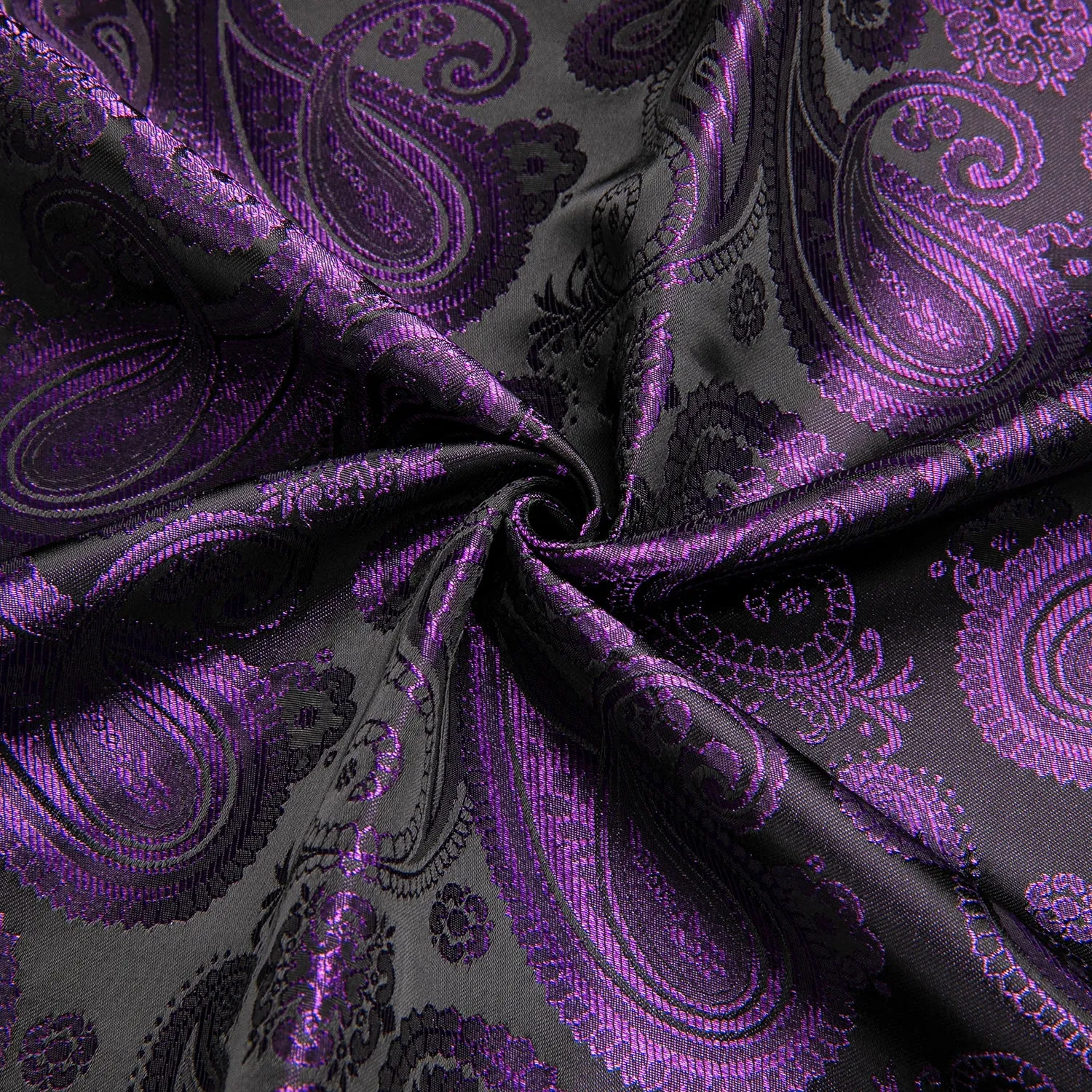 Hi-Tie Deep Purple Paisley Jacquard Black Silk Mens Short Sleeve Shirt