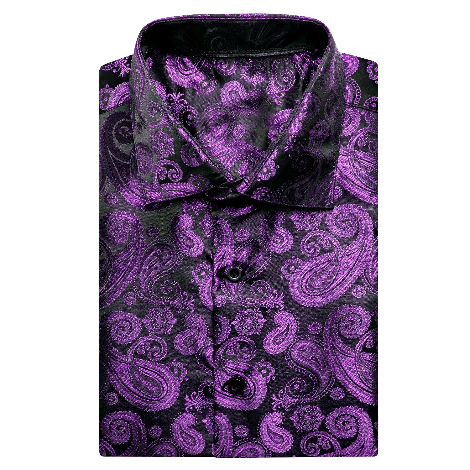 Hi-Tie Deep Purple Paisley Jacquard Black Silk Mens Short Sleeve Shirt