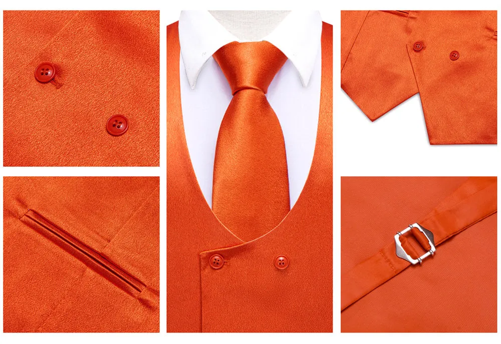 Hi-Tie Light Orange Solid U-Neck Double-Breasted Vest Set