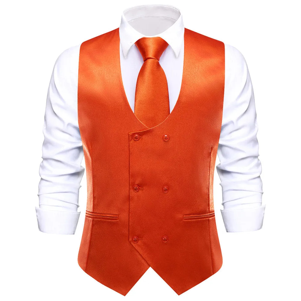 Hi-Tie Light Orange Solid U-Neck Double-Breasted Vest Set