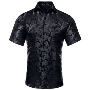 Hi-Tie Mens Summer Top Black Paisley Silk Short Sleeve Button Up Shirt