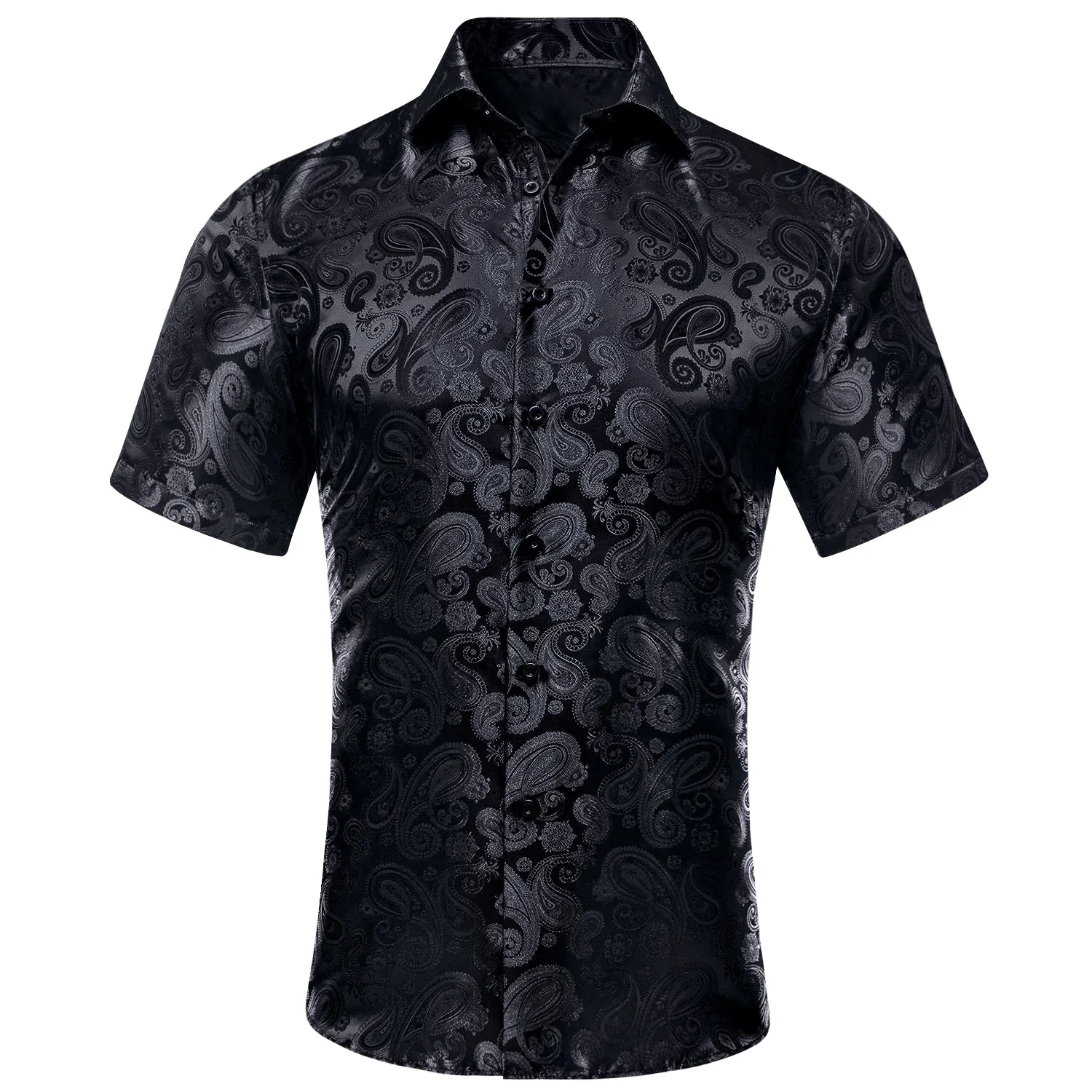 Hi-Tie Mens Summer Top Black Paisley Silk Short Sleeve Button Up Shirt