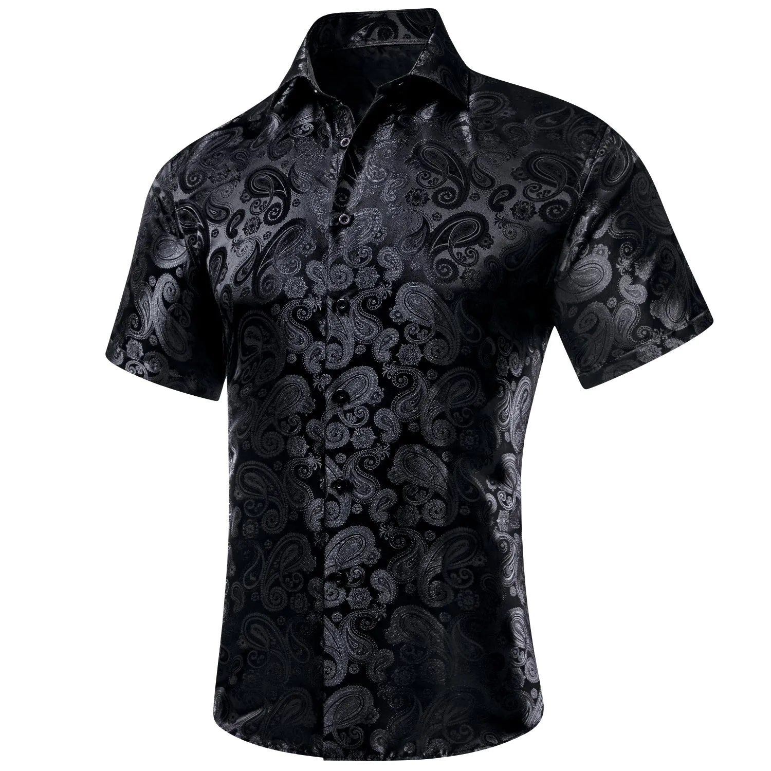 Hi-Tie Mens Summer Top Black Paisley Silk Short Sleeve Button Up Shirt