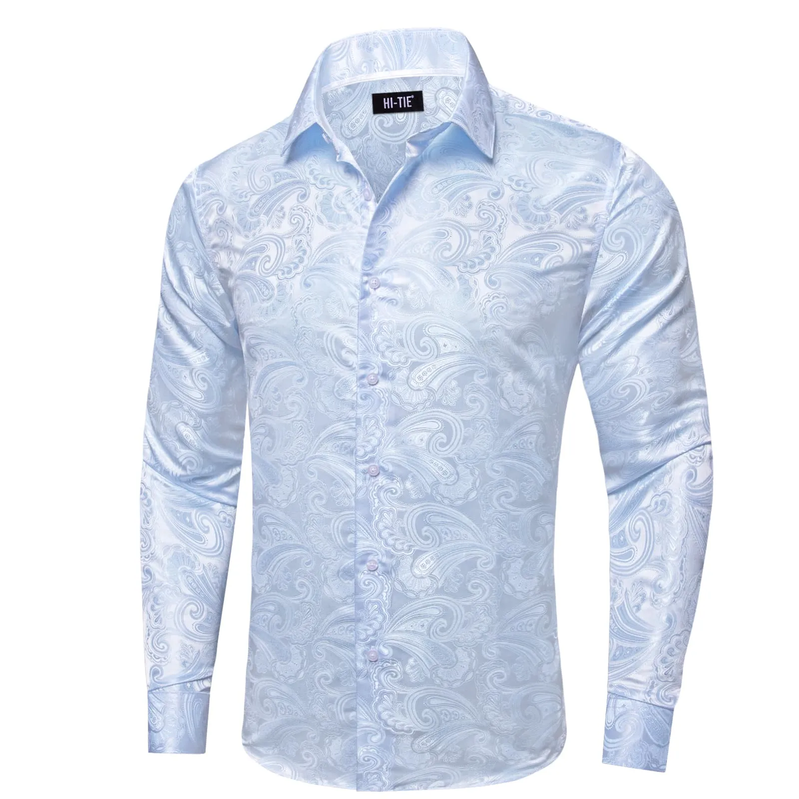 Hi-Tie Sky Blue Floral Pattern Silk Mens Long Sleeve Shirt