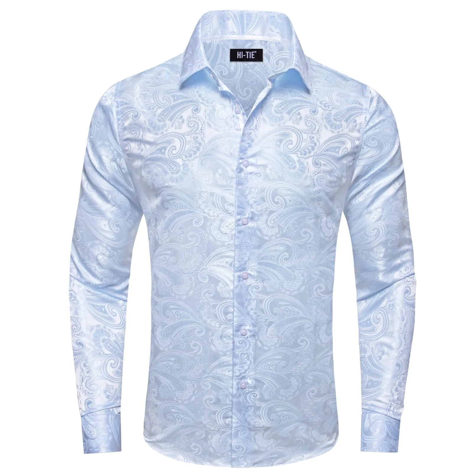 Hi-Tie Sky Blue Floral Pattern Silk Mens Long Sleeve Shirt