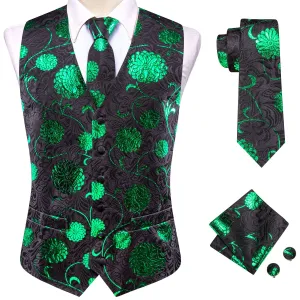 Hi-Tie Wedding Top Black Green Floral Men Vest Hanky Cufflinks Tie Set