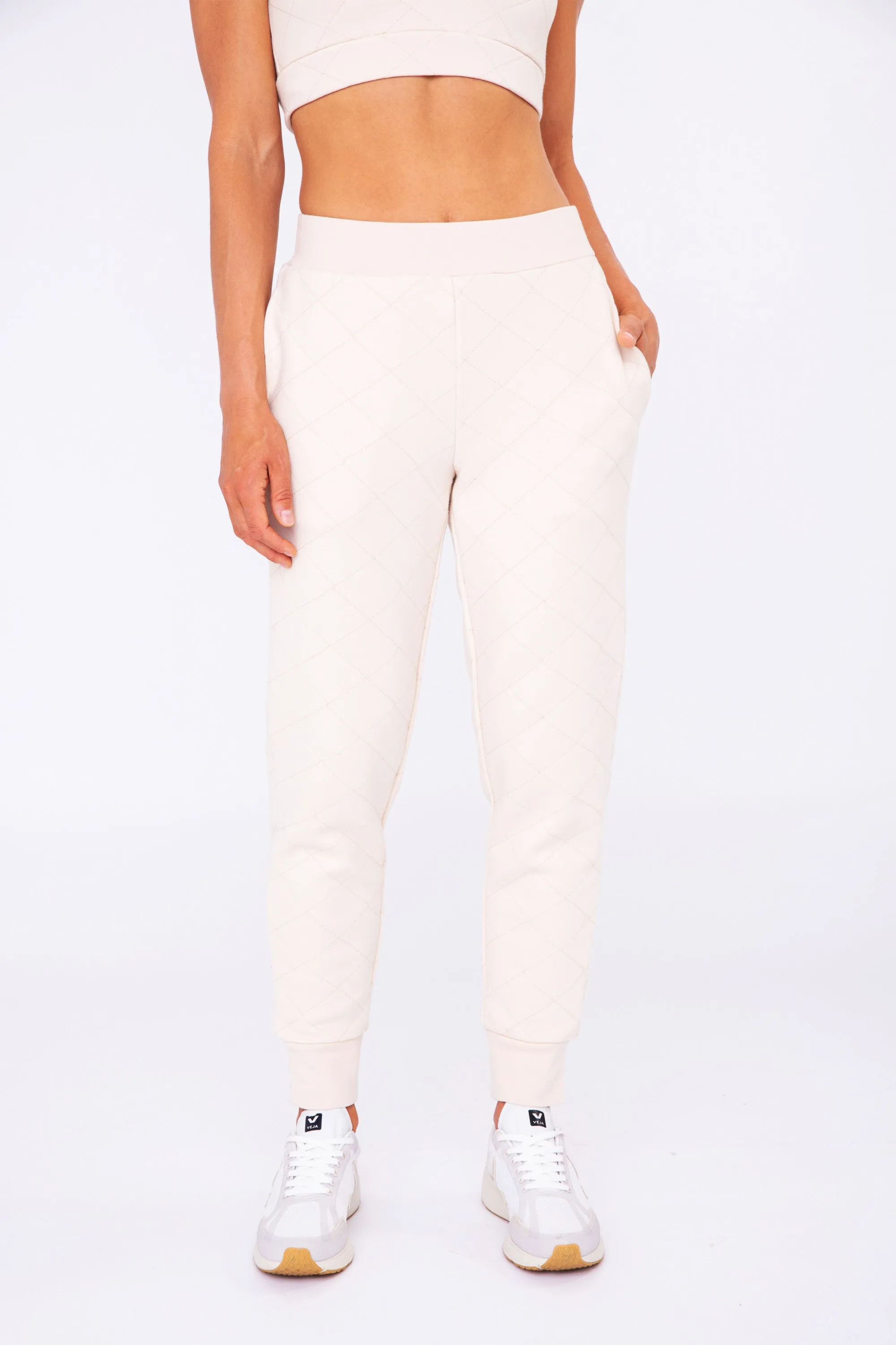 High Rise Jogger Pants - Quilted Detailing - Cream