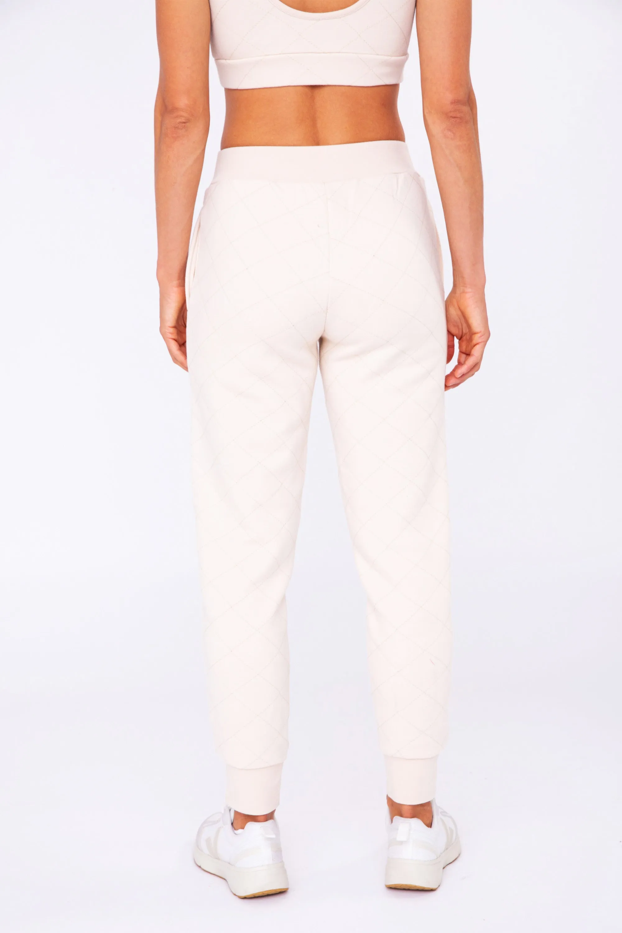 High Rise Jogger Pants - Quilted Detailing - Cream