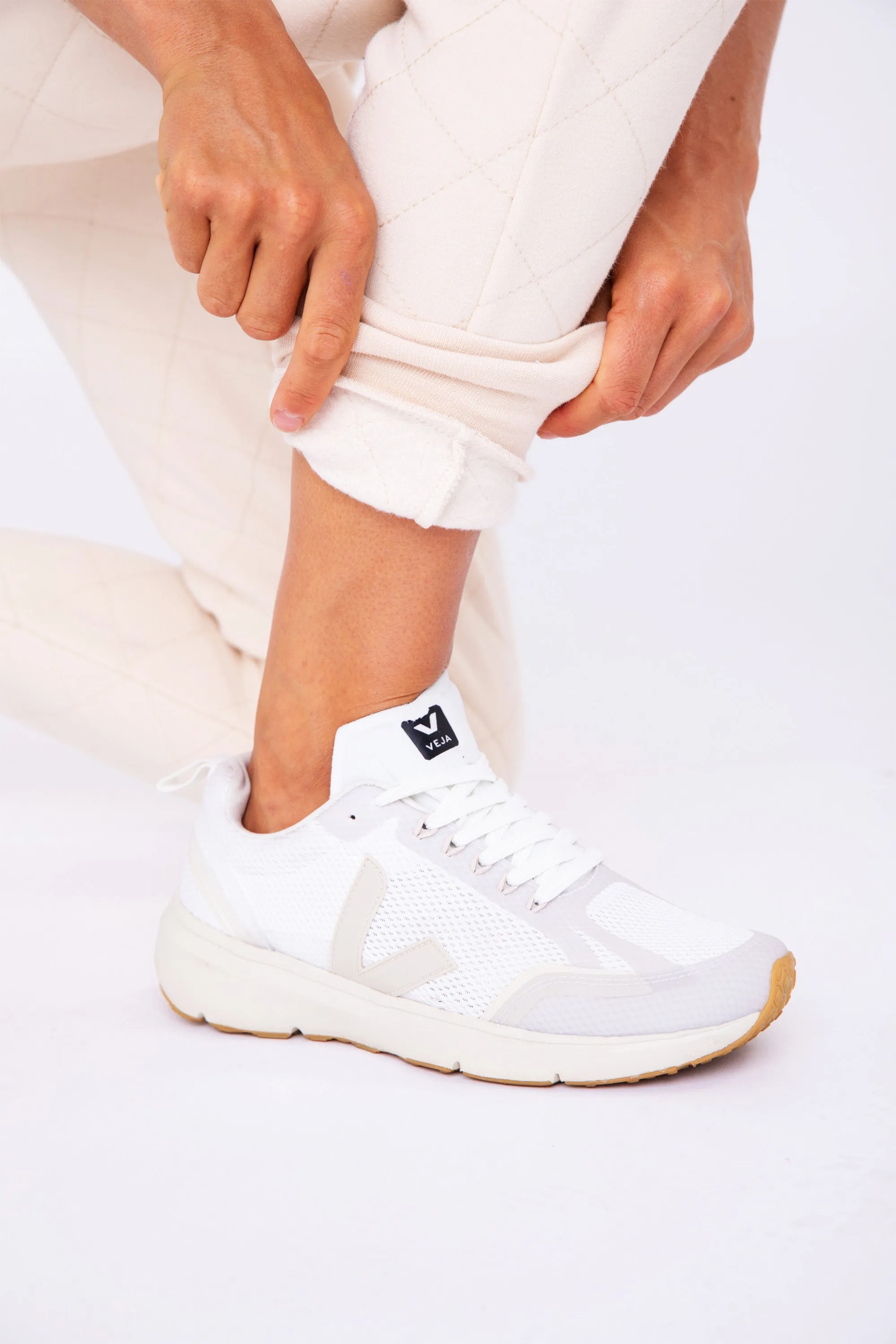 High Rise Jogger Pants - Quilted Detailing - Cream