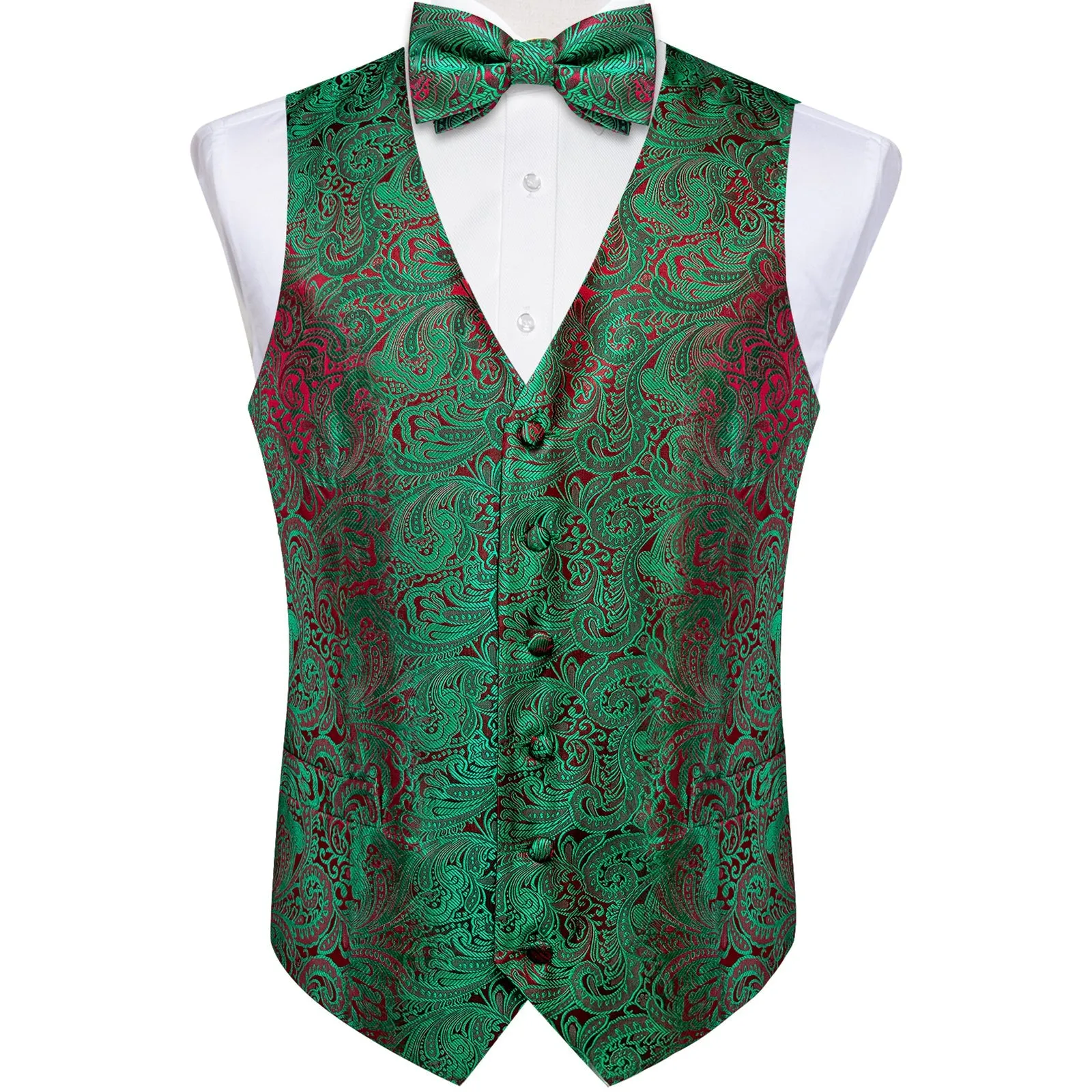 Hot Seling Green Red Paisley Men's Vest Bow Tie Set