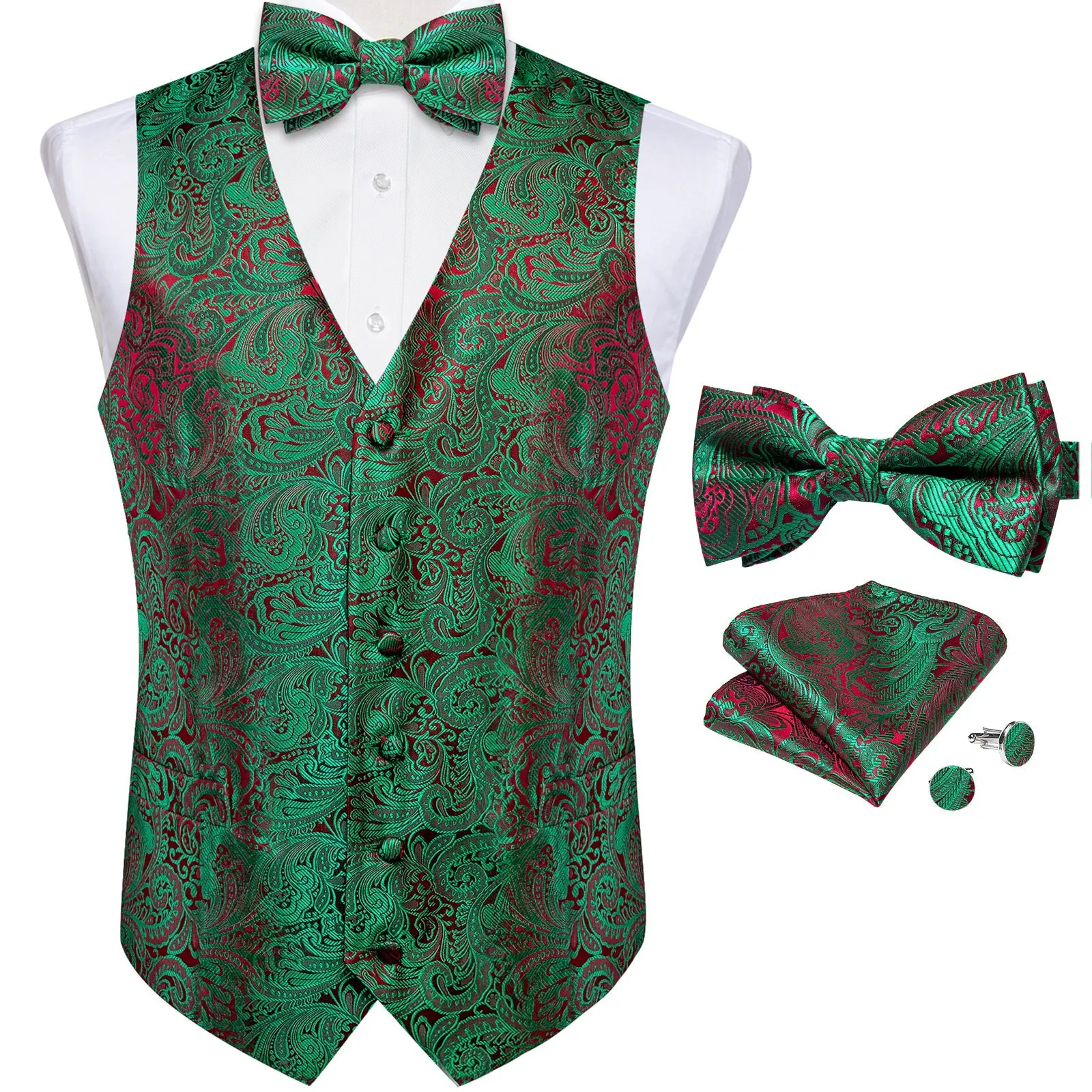 Hot Seling Green Red Paisley Men's Vest Bow Tie Set