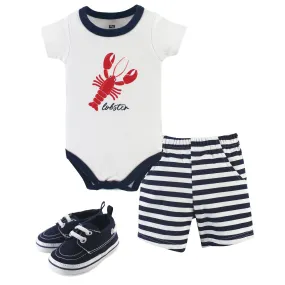 Hudson Baby Cotton Bodysuit, Shorts and Shoe Set, Lobster