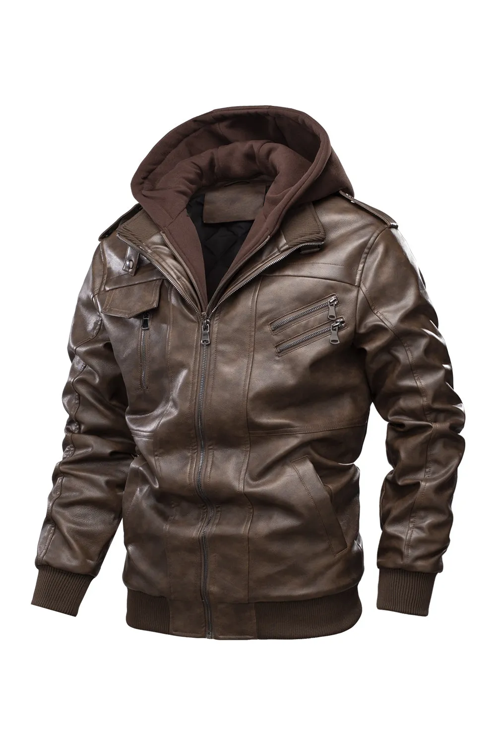 Ilooove - Men's Bomber Zipper Leather Removable Hooded  Bomber Faux Leather Jacket  Utility Motorcycle Outdoor Work Warm Winter Coat