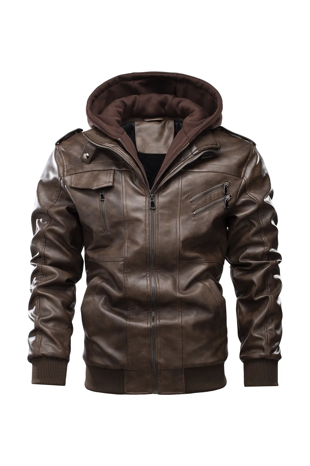 Ilooove - Men's Bomber Zipper Leather Removable Hooded  Bomber Faux Leather Jacket  Utility Motorcycle Outdoor Work Warm Winter Coat