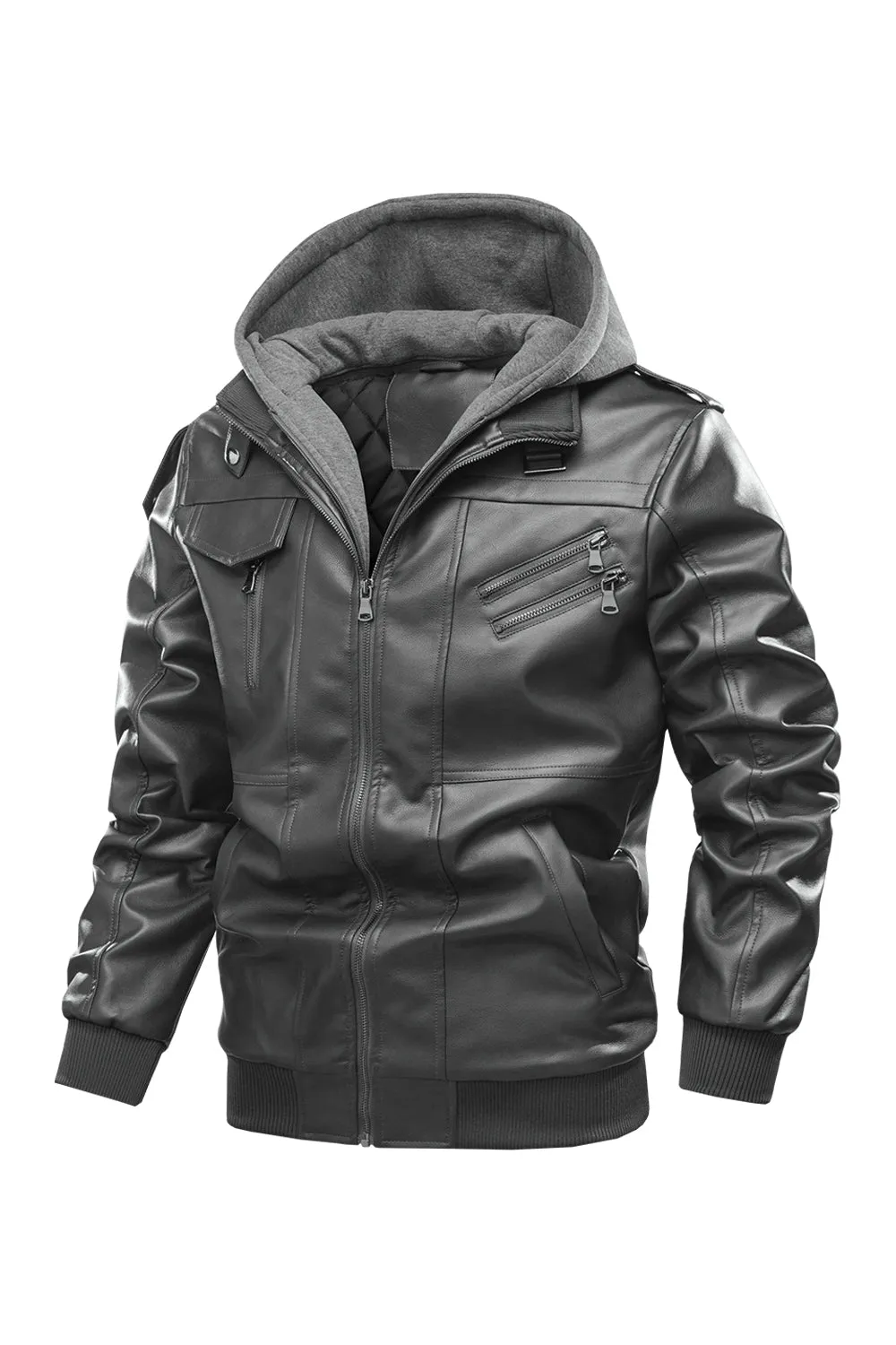 Ilooove - Men's Bomber Zipper Leather Removable Hooded  Bomber Faux Leather Jacket  Utility Motorcycle Outdoor Work Warm Winter Coat