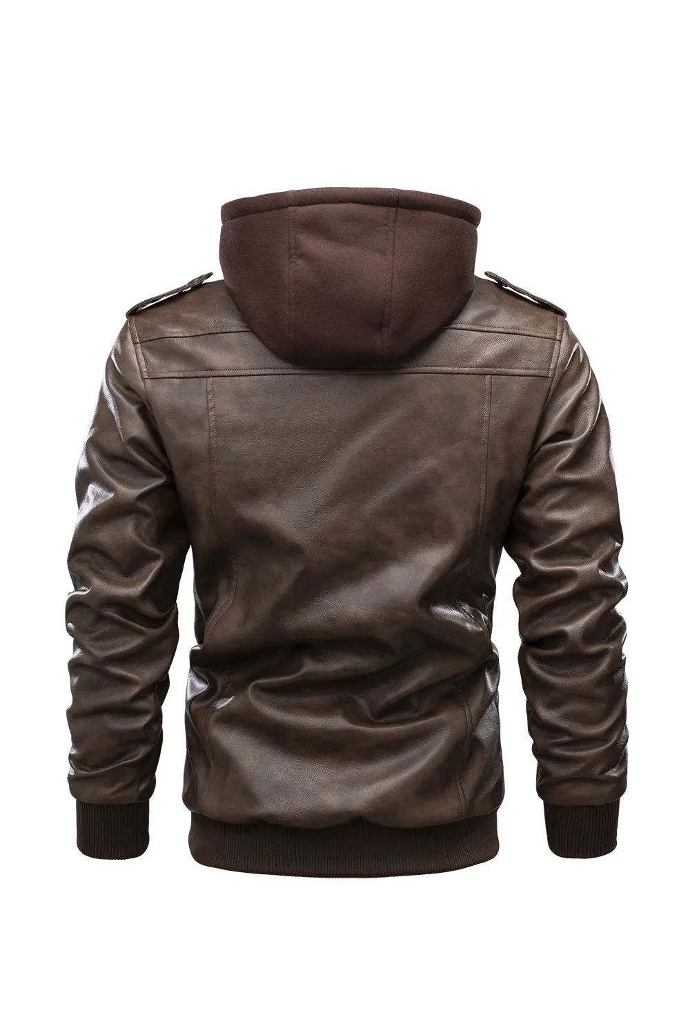 Ilooove - Men's Bomber Zipper Leather Removable Hooded  Bomber Faux Leather Jacket  Utility Motorcycle Outdoor Work Warm Winter Coat