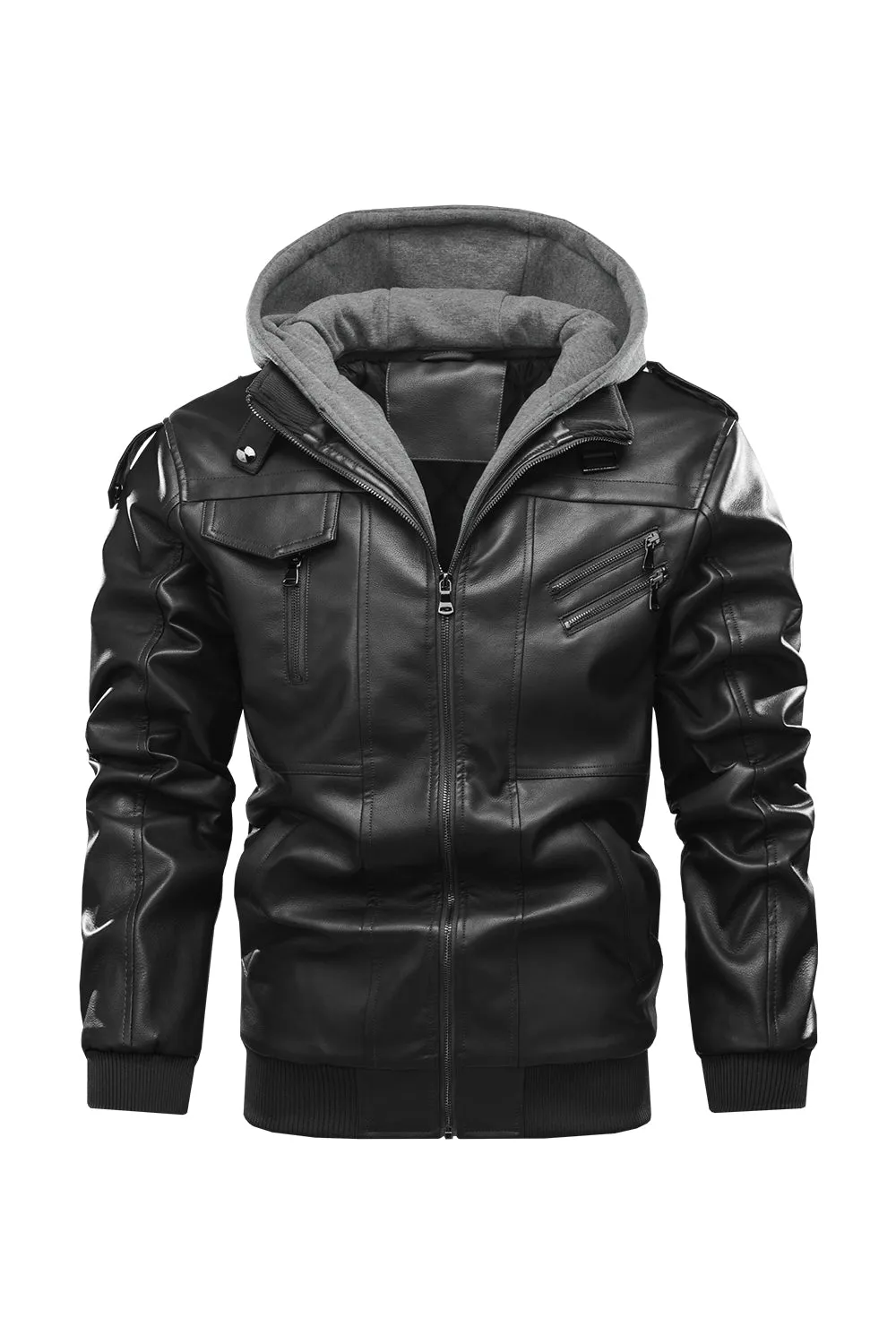 Ilooove - Men's Bomber Zipper Leather Removable Hooded  Bomber Faux Leather Jacket  Utility Motorcycle Outdoor Work Warm Winter Coat