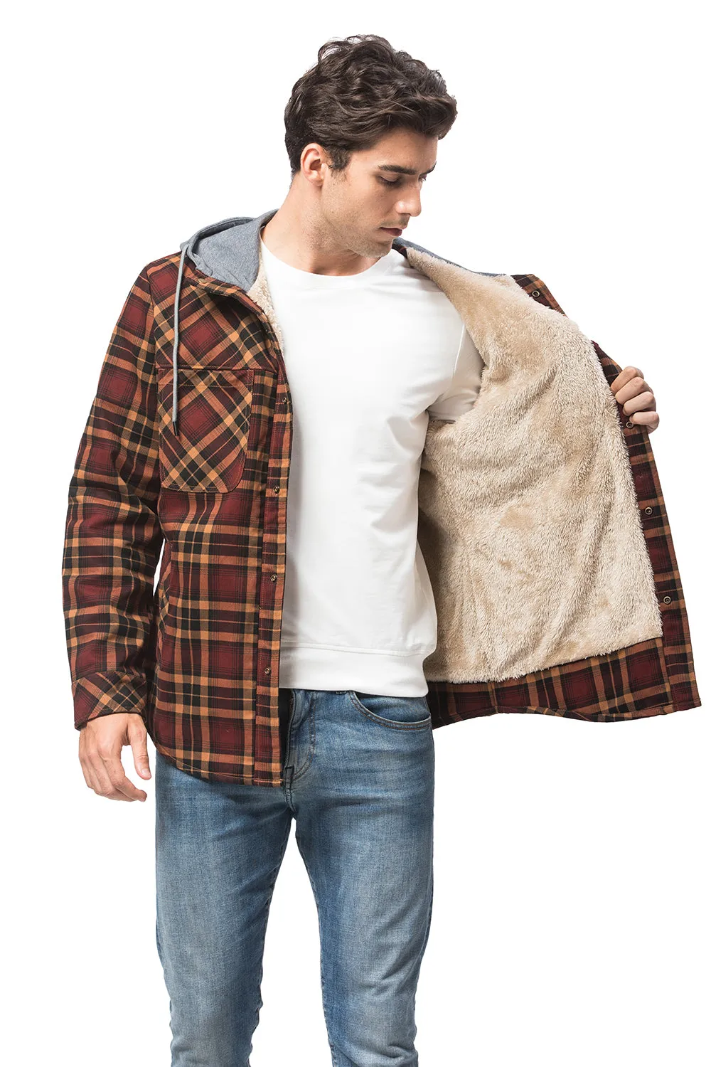 Ilooove - Men's Hooded Plaid Coat Jacket Brown Plaid Quilted Sleeves Jacket  Men's Coat Fleece Lined Plush Large Winter Warm Cotton Jacket