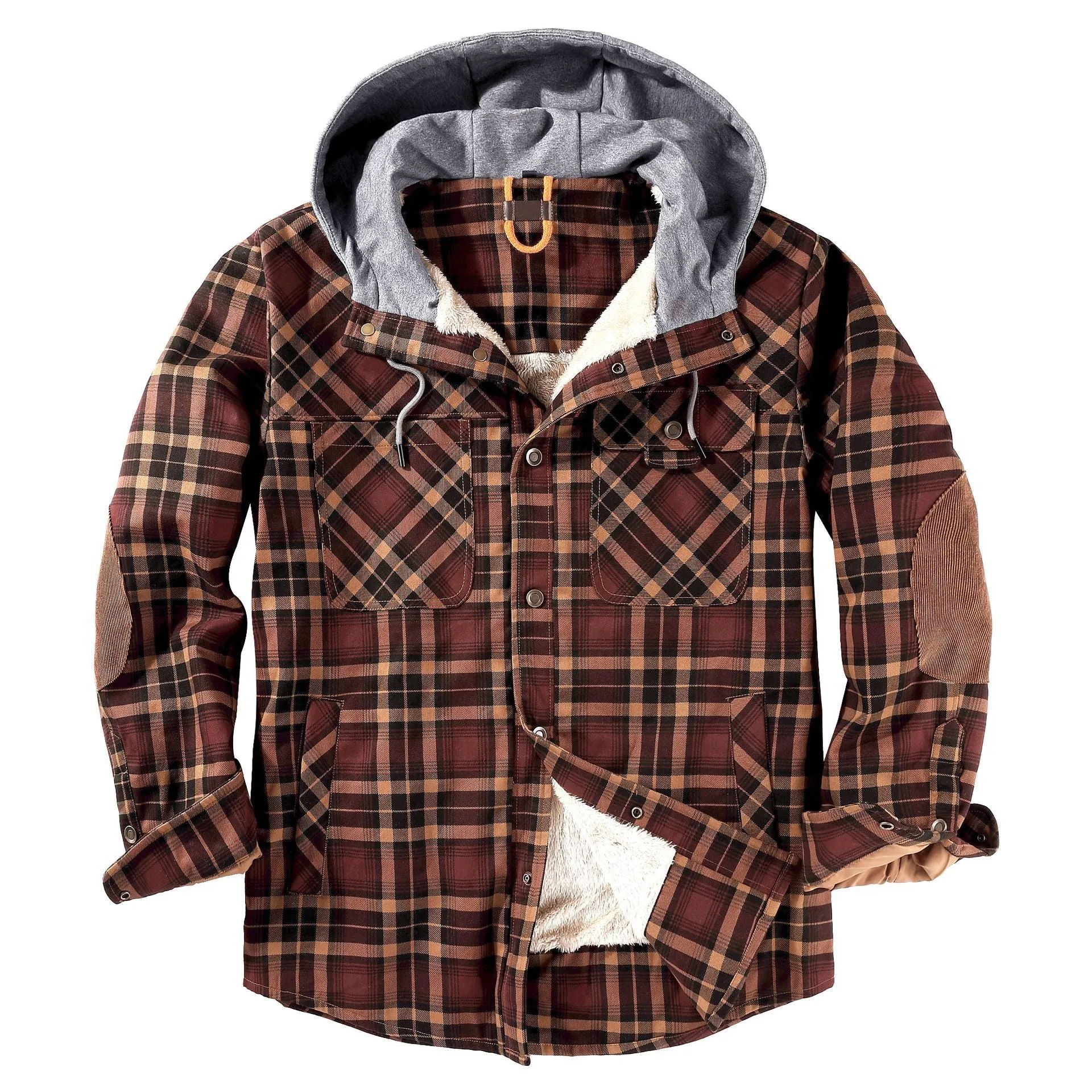 Ilooove - Men's Hooded Plaid Coat Jacket Brown Plaid Quilted Sleeves Jacket  Men's Coat Fleece Lined Plush Large Winter Warm Cotton Jacket