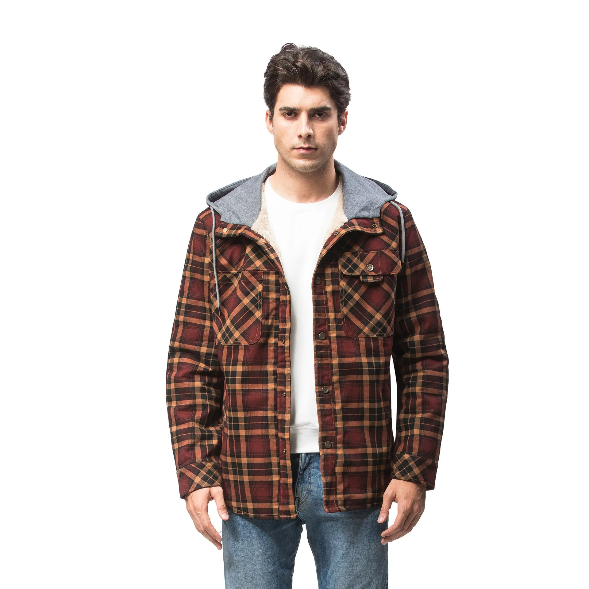 Ilooove - Men's Hooded Plaid Coat Jacket Brown Plaid Quilted Sleeves Jacket  Men's Coat Fleece Lined Plush Large Winter Warm Cotton Jacket