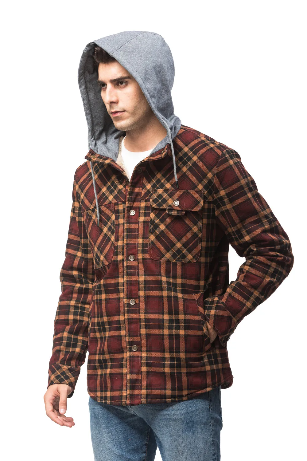 Ilooove - Men's Hooded Plaid Coat Jacket Brown Plaid Quilted Sleeves Jacket  Men's Coat Fleece Lined Plush Large Winter Warm Cotton Jacket