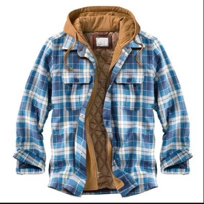 Ilooove - Men's Light Blue Color Plaid Hooded Western Coat  Men Wear for Outdoor,Fishing,Hunting & Work Wear