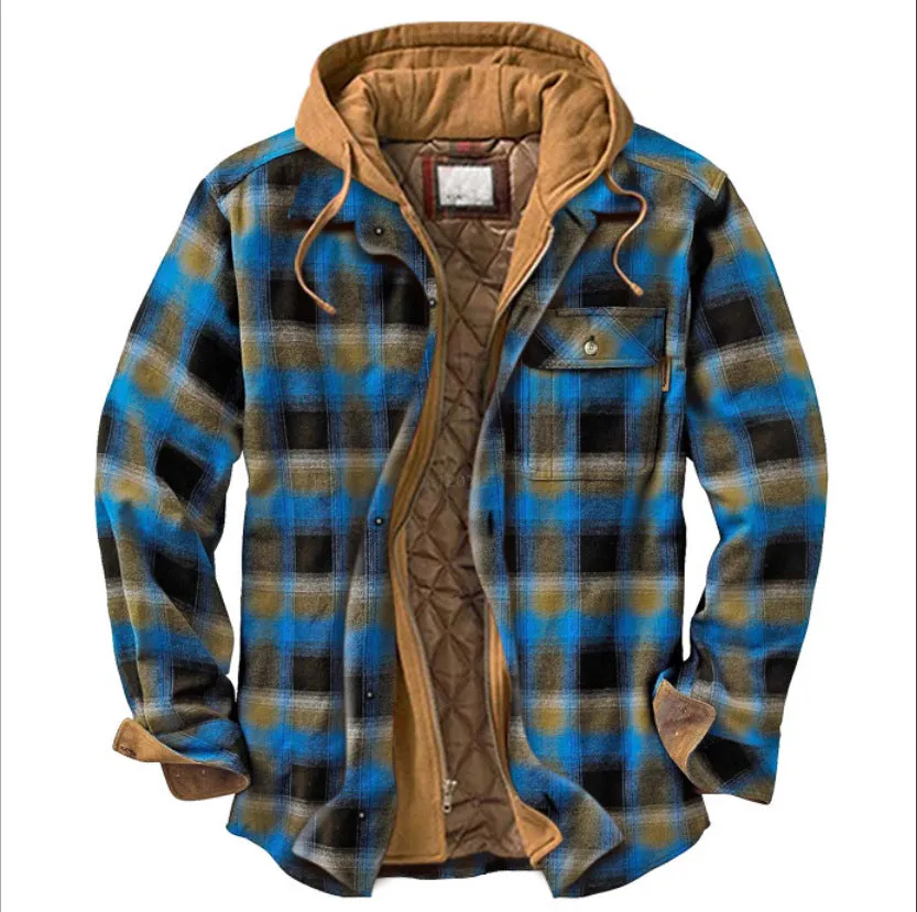 Ilooove - Men's Light Blue Color Plaid Hooded Western Coat  Men Wear for Outdoor,Fishing,Hunting & Work Wear