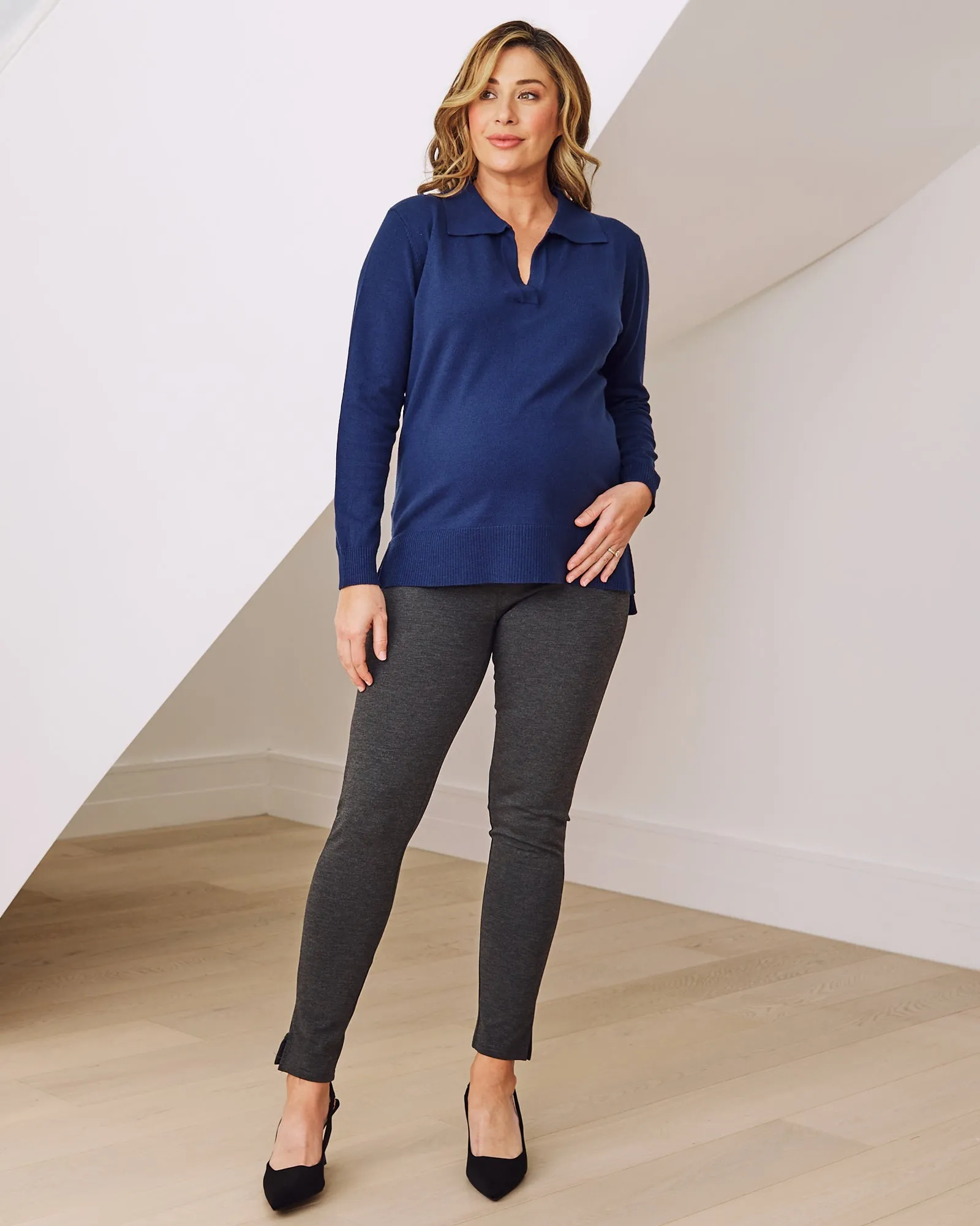 Jolie Maternity Lightweight Polo Knit Sweater in Navy