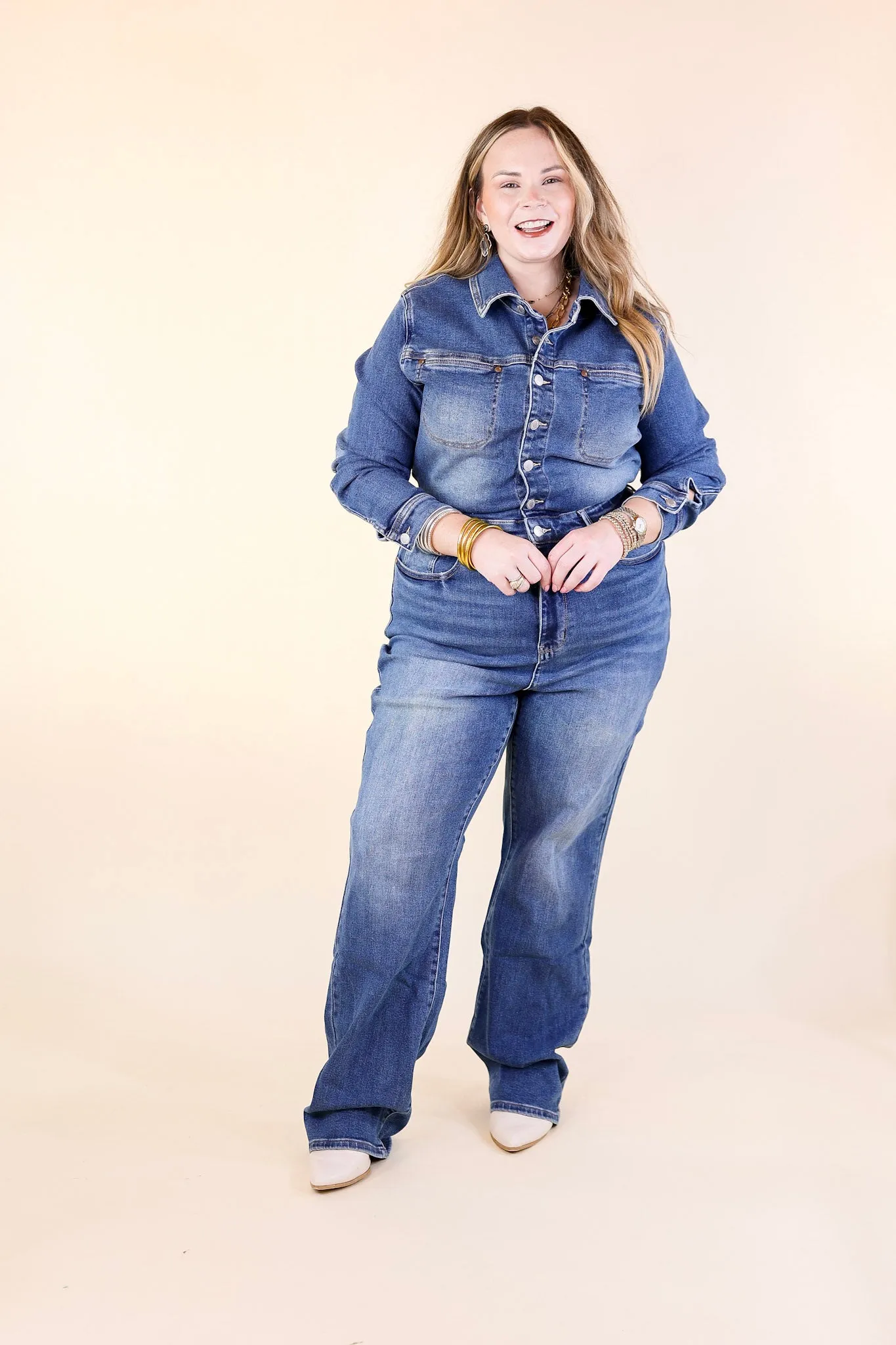 Judy Blue | Not Your Concern Long Sleeve Denim Jumpsuit in Medium Wash