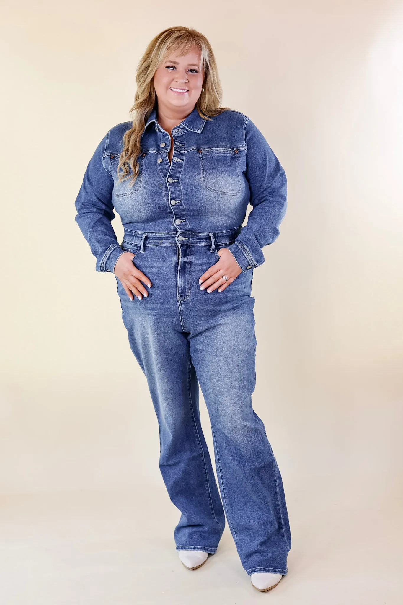 Judy Blue | Not Your Concern Long Sleeve Denim Jumpsuit in Medium Wash