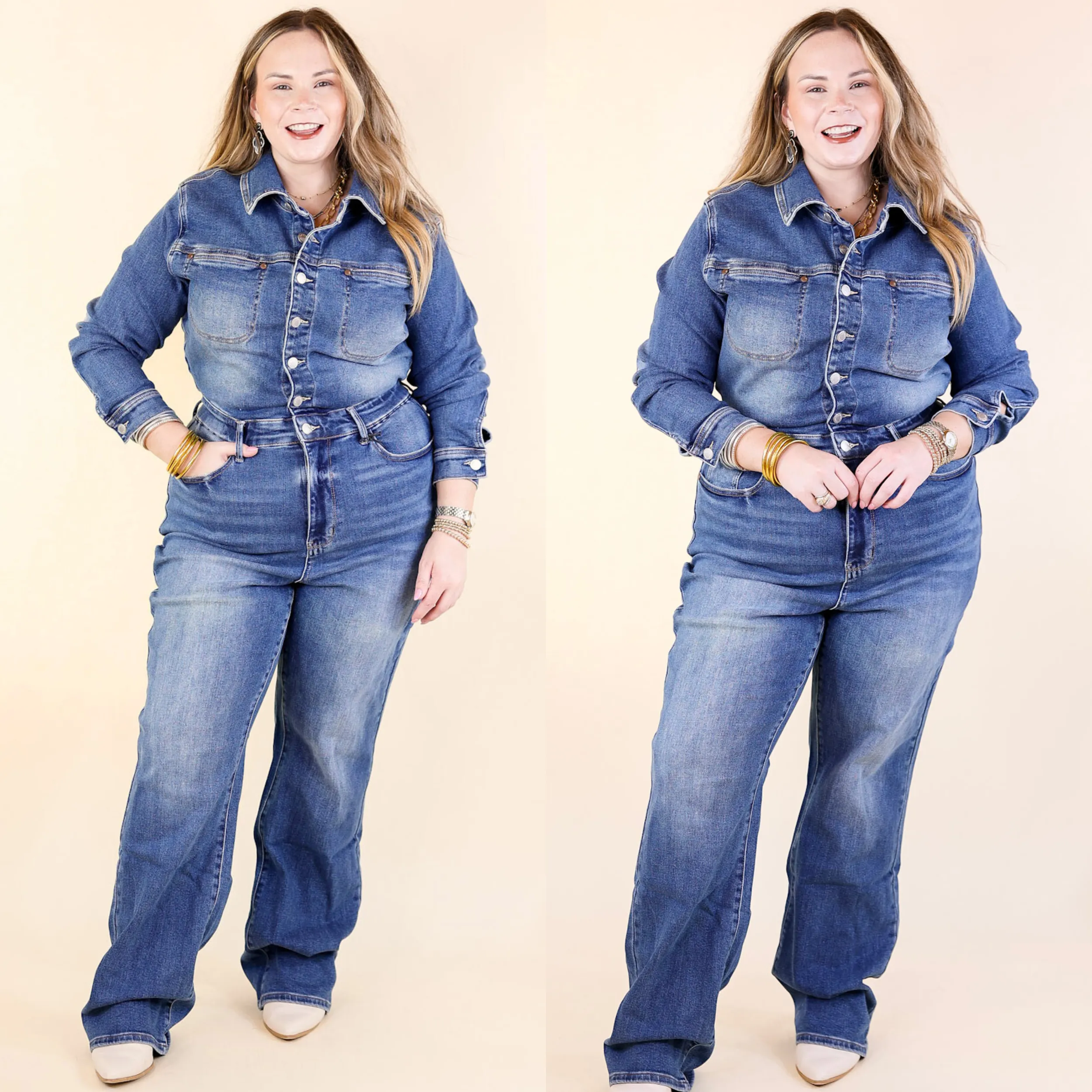 Judy Blue | Not Your Concern Long Sleeve Denim Jumpsuit in Medium Wash