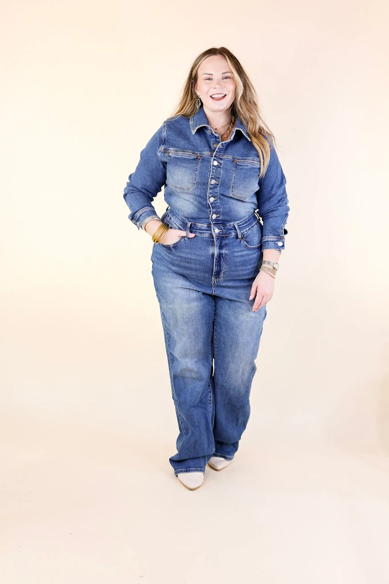 Judy Blue | Not Your Concern Long Sleeve Denim Jumpsuit in Medium Wash