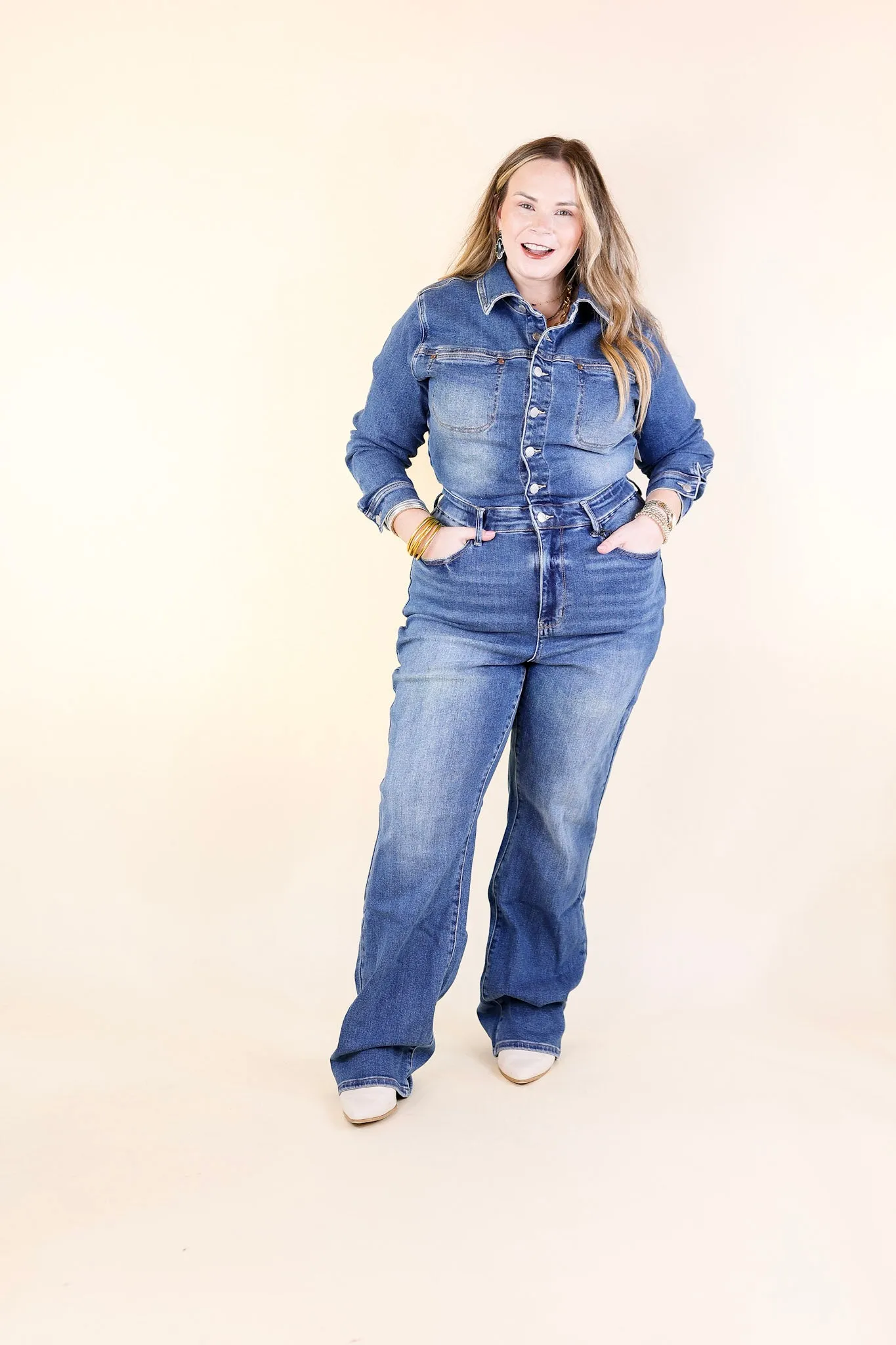 Judy Blue | Not Your Concern Long Sleeve Denim Jumpsuit in Medium Wash