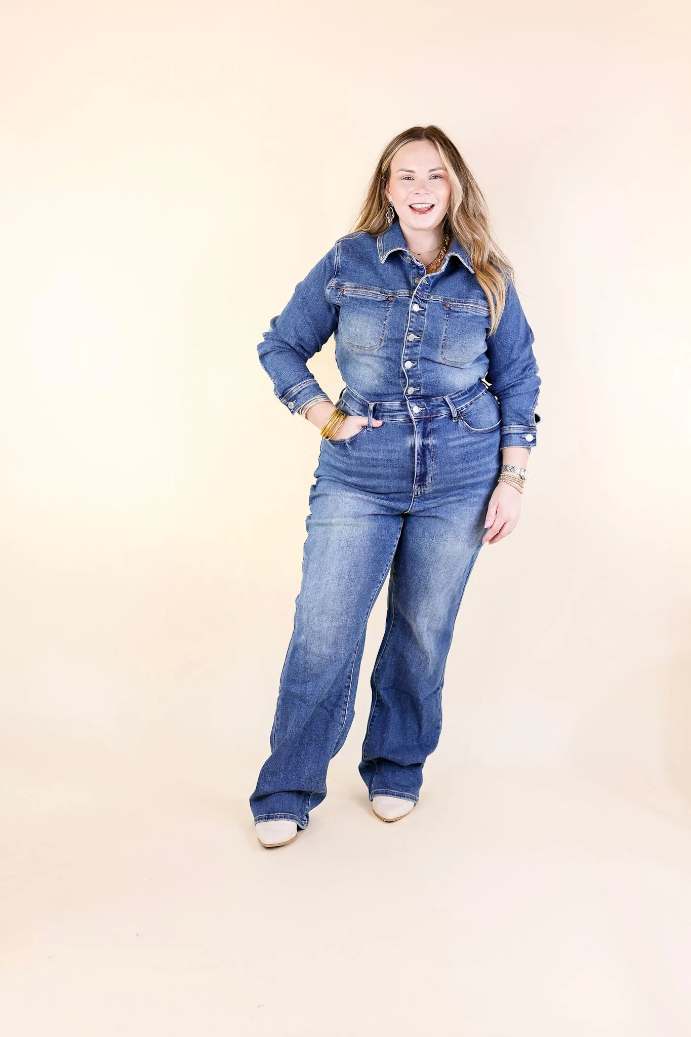 Judy Blue | Not Your Concern Long Sleeve Denim Jumpsuit in Medium Wash