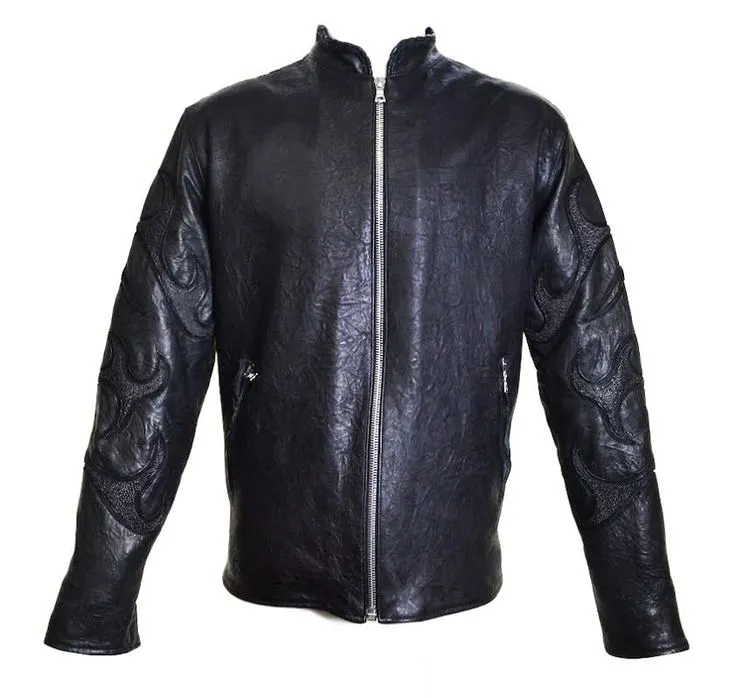 Kashani Lost Angel Mandarin Collar Stingray/Calf Leather Biker Jacket