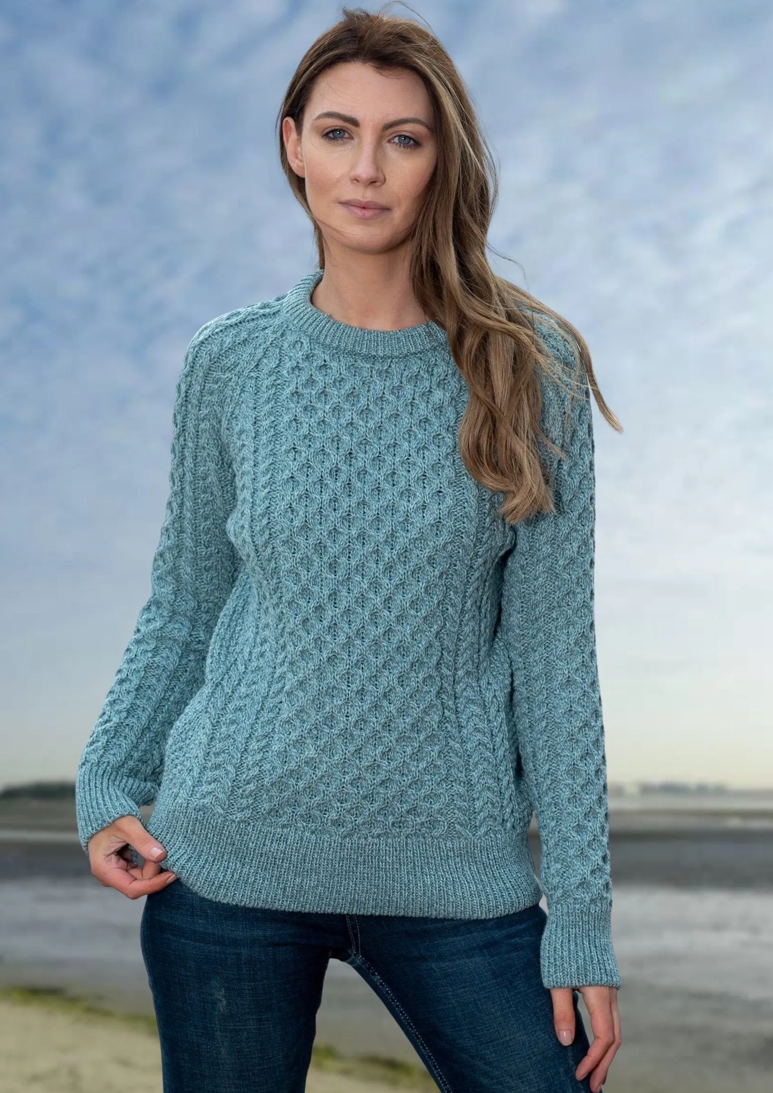 Ladies Slim-Fit Aran Sweater | Aqua