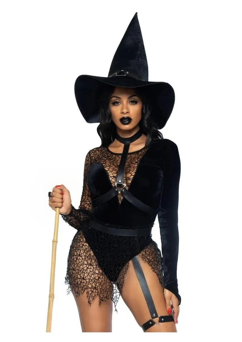 Leg Avenue Crafty Witch Snap Crotch Velvet Bodysuit with Distressed Net and Attached Garter, Choker Body Harness, and Matching Velvet Witch Hat