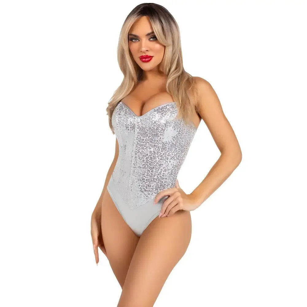 Leg Avenue Sequin Boned Bodysuit Silver