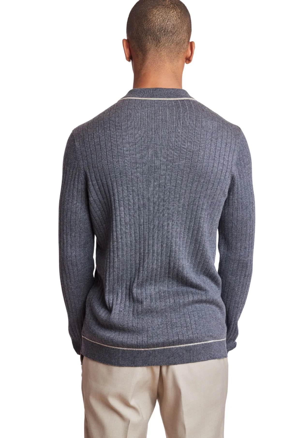 Long Sleeve Full Button Tipped Polo Sweater, Charcoal