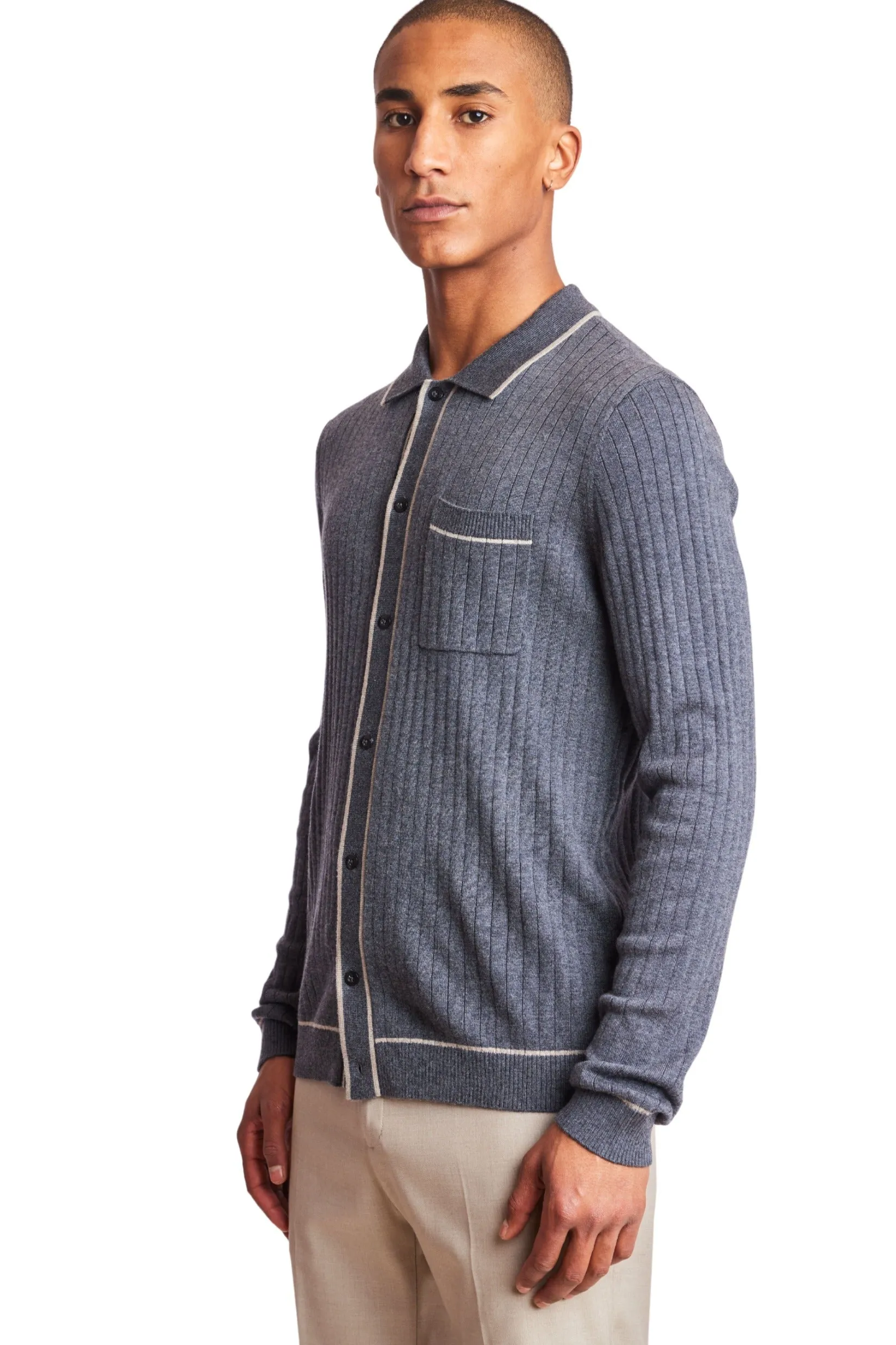 Long Sleeve Full Button Tipped Polo Sweater, Charcoal