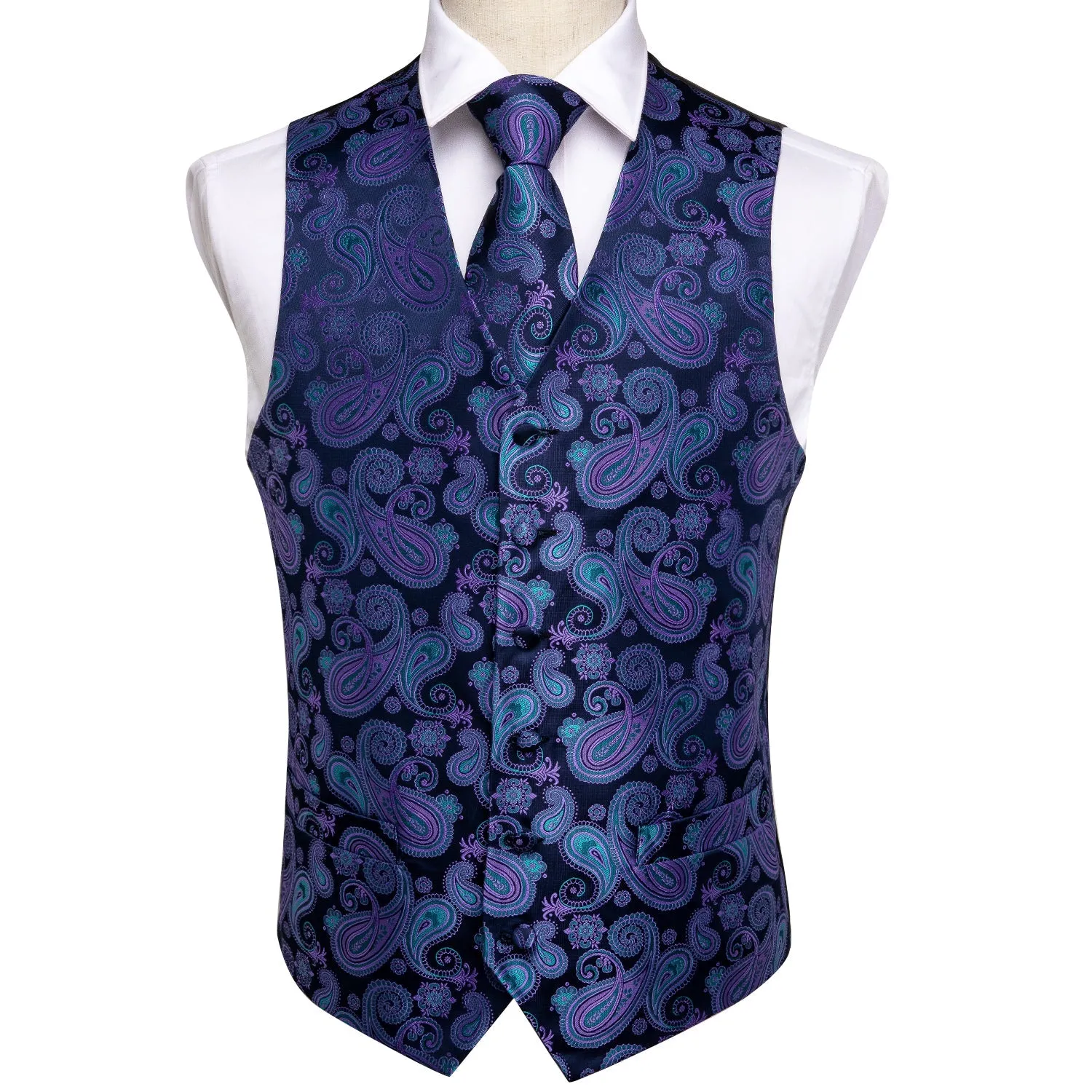 Luxury Blue Purple Paisley Jacquard Silk Men's Vest Hanky Cufflinks Tie Set Waistcoat Suit Set