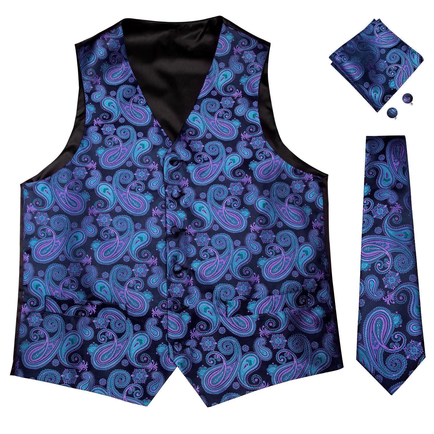 Luxury Blue Purple Paisley Jacquard Silk Men's Vest Hanky Cufflinks Tie Set Waistcoat Suit Set